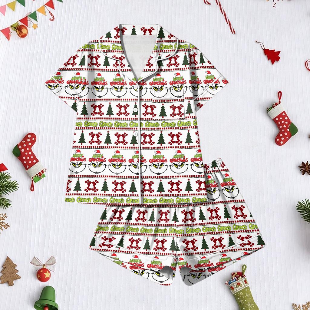 Women's Christmas Print Two Piece Outfit Short Sleeve Top and Casual Shorts Matching Set