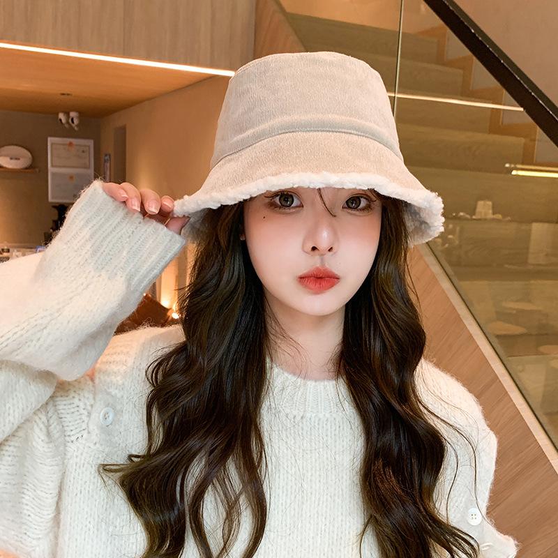 Lamb Wool Fisherman Hat   Autumn and Winter Double Sided Basin Hat Fashionable and Versatile Plush Bucket Hat Warm and Cold Proof Hat