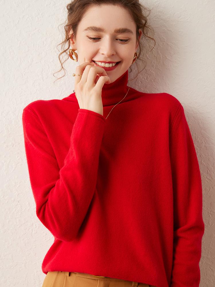 Women's Cashmere Sweater with Rolled Hem and Pile Collar – Solid Color, Loose Knit Pullover for Autumn and Winter