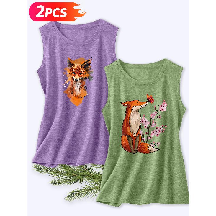 Follow a Specific Direction Two-piece Women's Vest Set Watercolor Fox and Cherry Blossom Vintage Print Elegant Summer Clothing Sleeveless Vest
