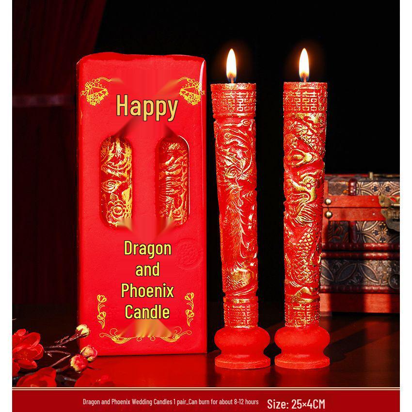 Wedding Double Happiness Red Candles - Smokeless Dragon and Phoenix Bridal Pair