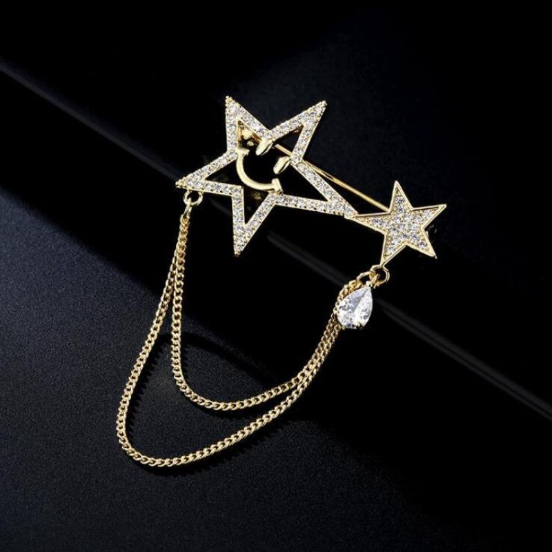 

Man Chain Lapel Pin Suit Shirt Collar Tassel Star Badge Retro Pins Wedding Party Dance Neckware Accessories