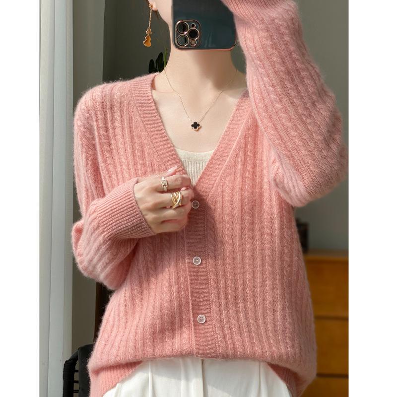 Autumn and Winter New V-neck Cardigan Women's Fashion Versatile Twisted Hollow Design Women's Top