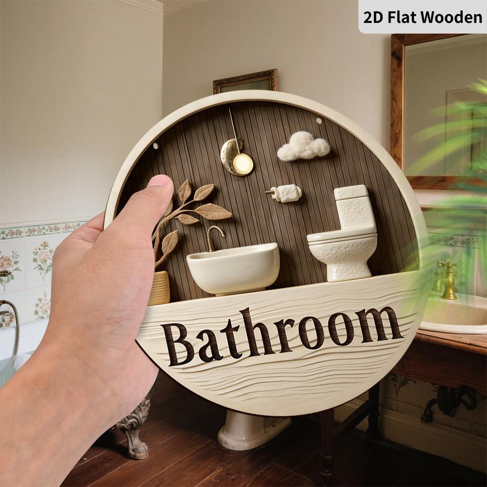 2D Flat Wooden Contemporary Bathroom Sign, 7.87inches Retro Decorative Hanging Ornament, Home Toilet Wall Art /tabletop Decor