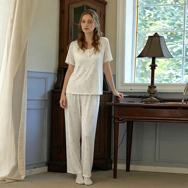 Modal Cotton Pajamas Women's Summer High-end Sense European and American with Chest Pads Can Be Worn Outside Loungewear Suit
