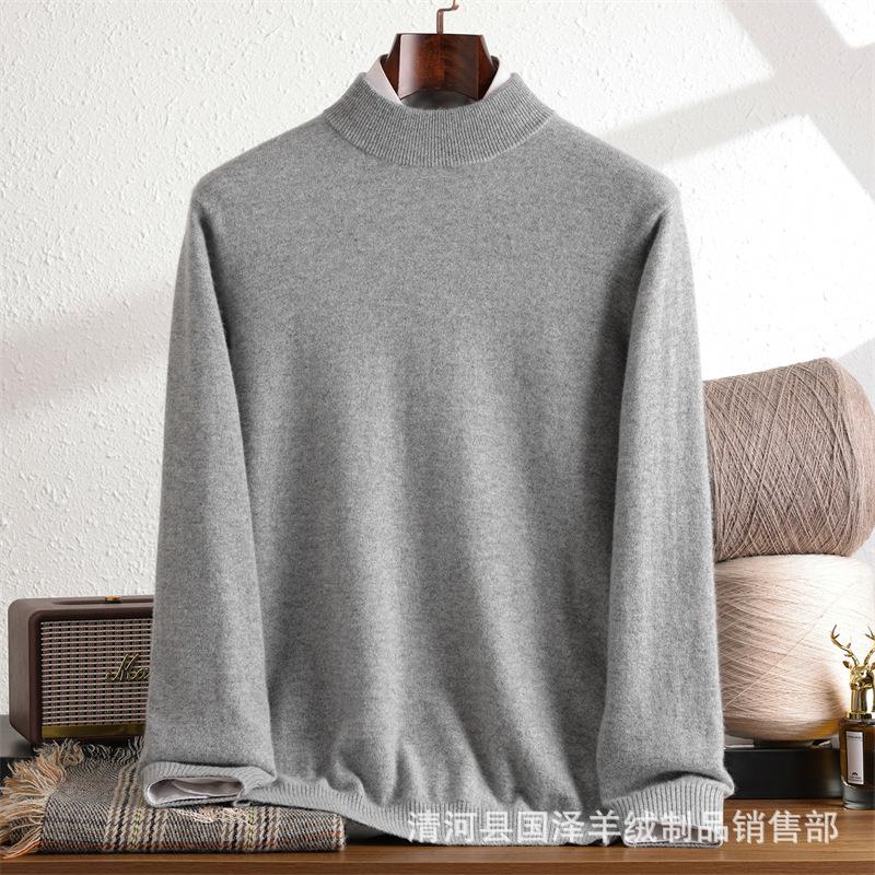 Autumn And Winter Men'S Pure Cashmere Long-Sleeved Semi-Turtleneck Loose Versatile Cashmere Simple Knitted Pullover