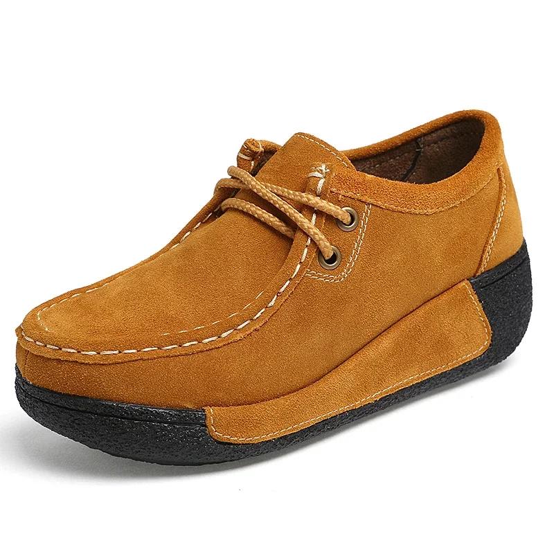 Autumn Thick Bottom Moccasins Loafers Ladies Non-Slip Lace Up Walking Shoes High Quality Cow Suede Spring Casual Shoes Women