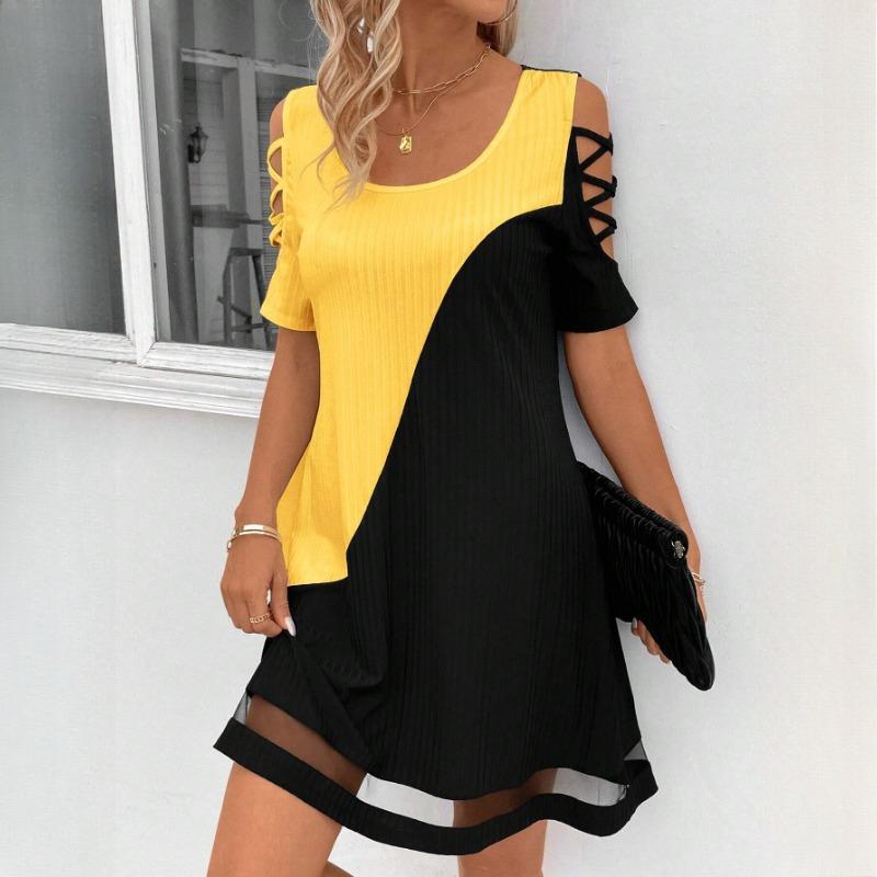 GMXIA Women's Spring, Summer and Autumn Temperament Colour Splicing Hollow Mesh Clashing Colour Splicing Dress Midi Dresses