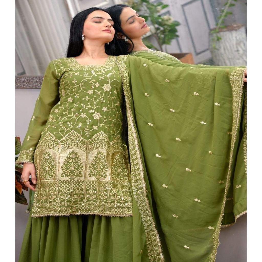 Presenting  New Designer Embroidered Fox Georgette Sharara Suit With Sequence Embroidered Work