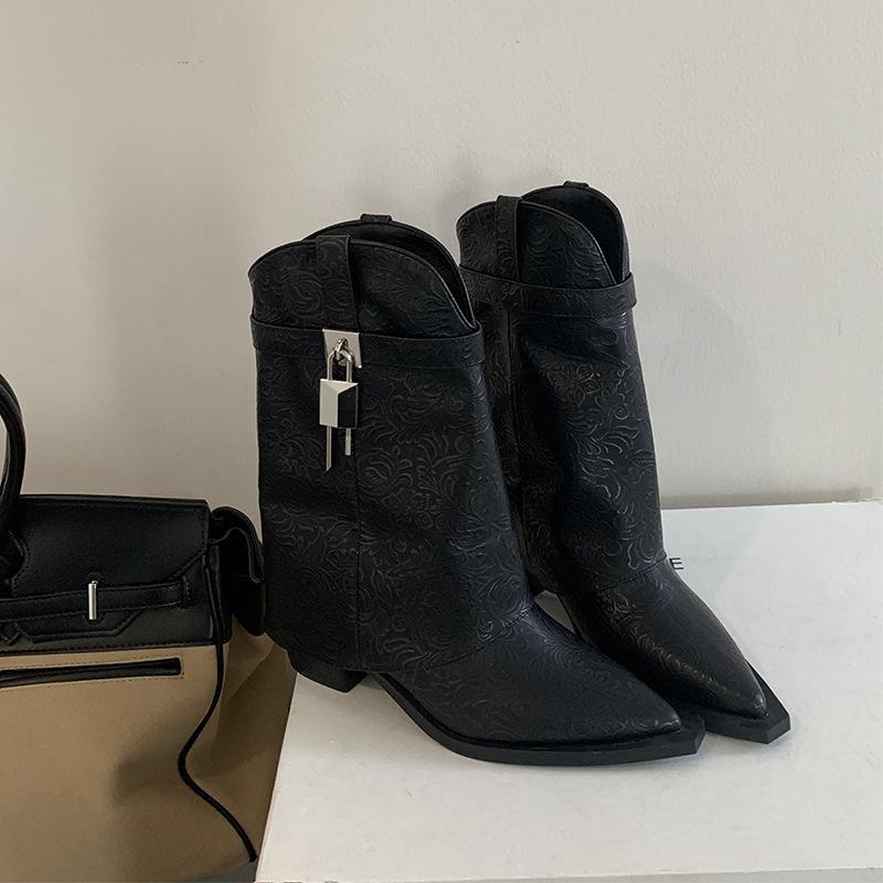 

European and American high-heeled pointed mid-tube boots 2025 autumn and winter new lock trouser boots thick-heeled printed mid-tube boots 39 чёрный