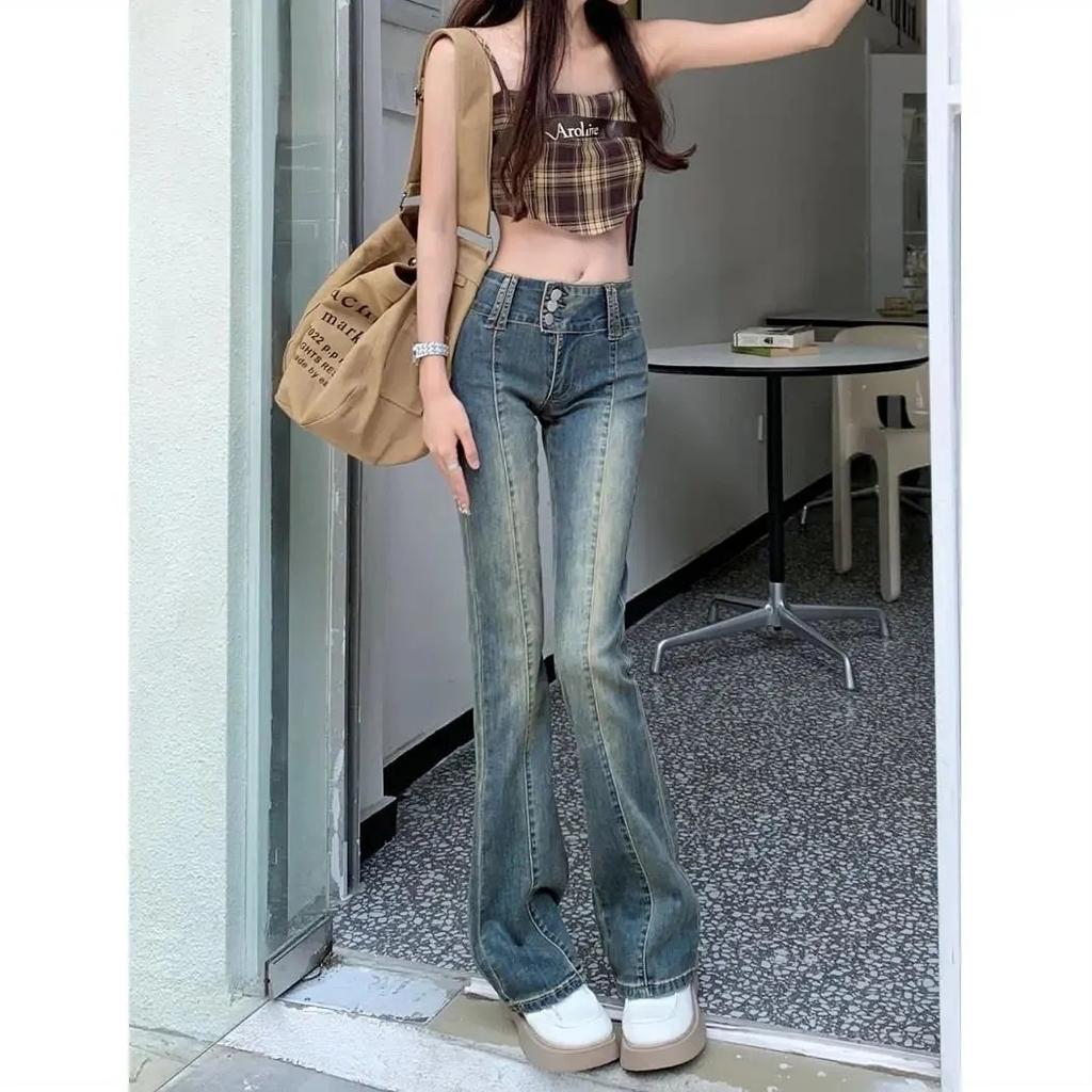 Women's High Waist Flare Jeans Slim Fit Trousers Vintage Washed No Stretch Casual Streetwear Denim Long Pants