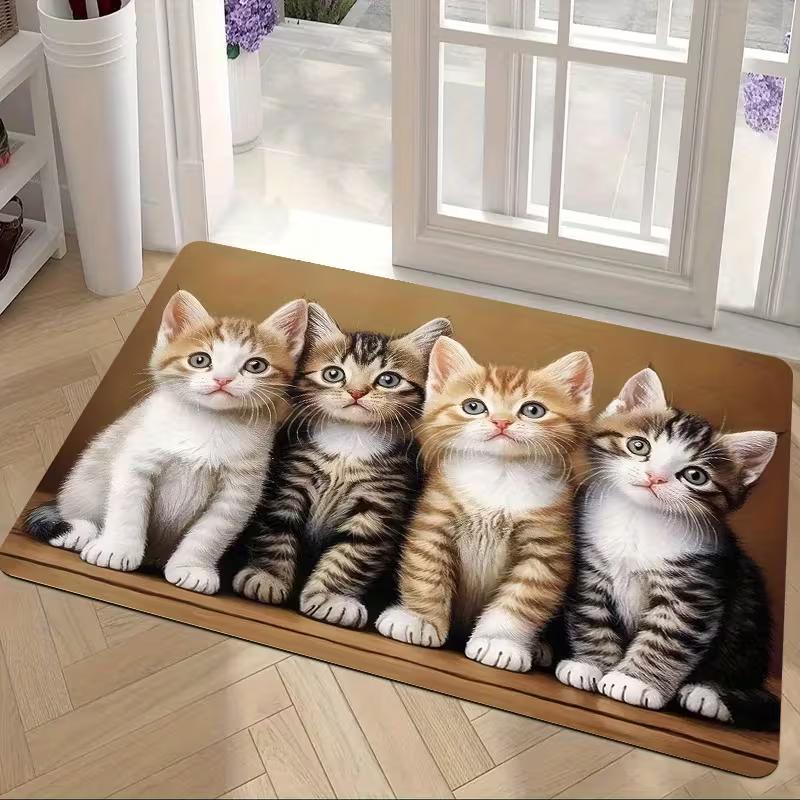 Cute Tabby Kittens Carpet Non Slip Front Door Mat Realistic Pet Cat Pattern Welcome Rug for Indoor Entrance Bedroom Home Decor