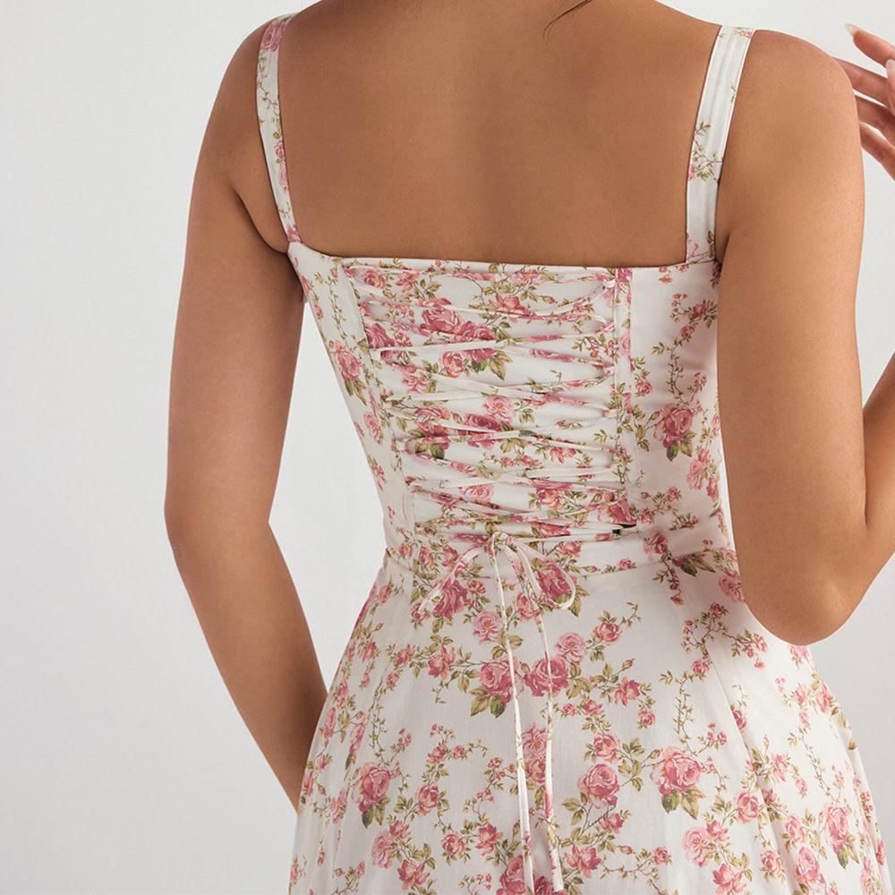 Frauen Y2k Square Neck Lace Trim Langes Kleid Low Cut Ärmelloses Bustier Midi Kleid Ausgehen Spaghetti Träger Sommerkleid
