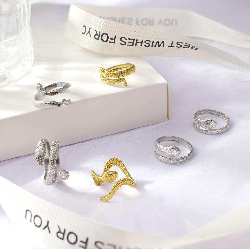18K Gold-Plated Long Snake-Shaped Titanium Steel Ring Female, Hip-Hop Punk Style Opening Adjustable Ring
