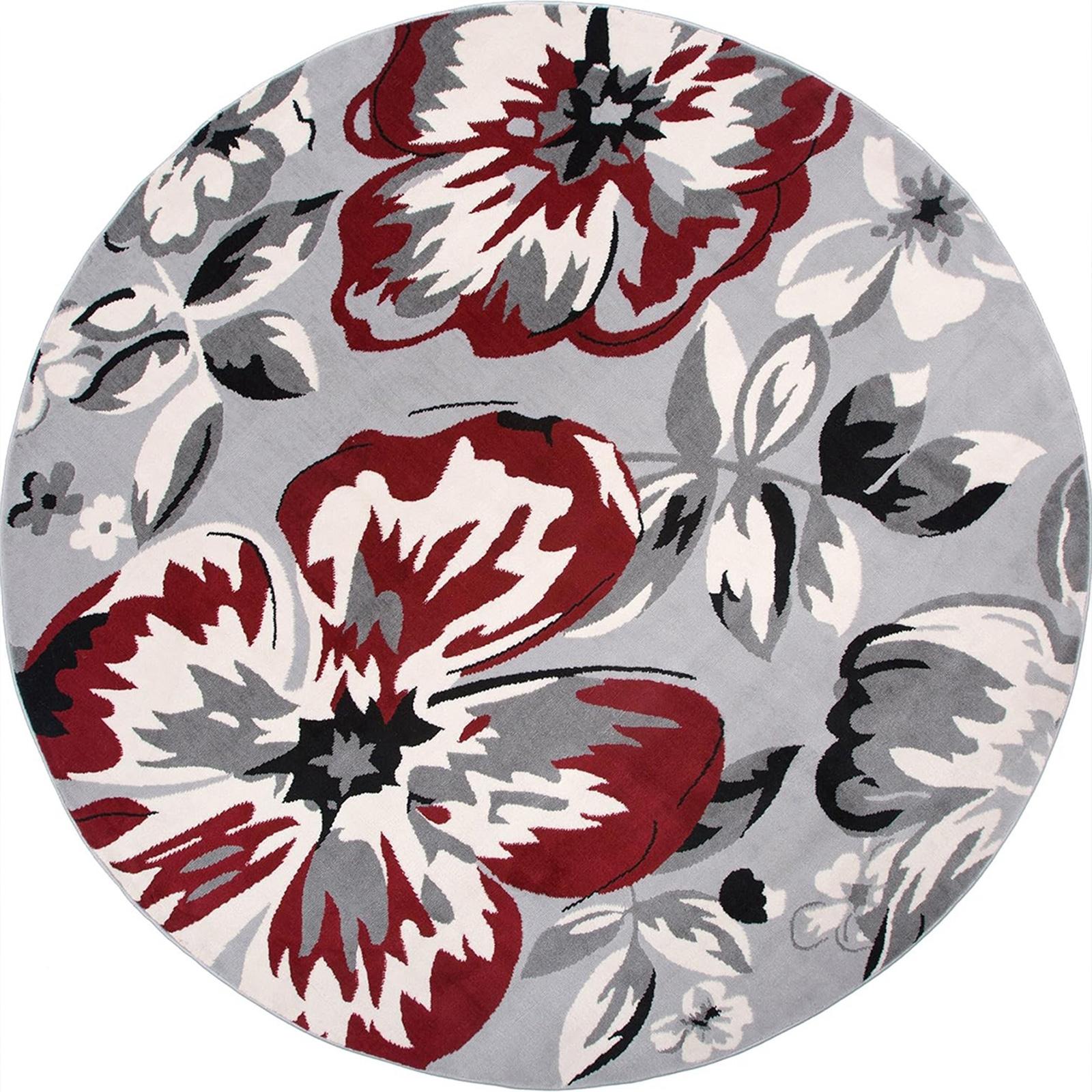 

Round Floral Statement Carpet - Bold Red Blossom with Black/Gray Accents, Modern Botanical Rug for Living Room, Artistic Decor 60cm