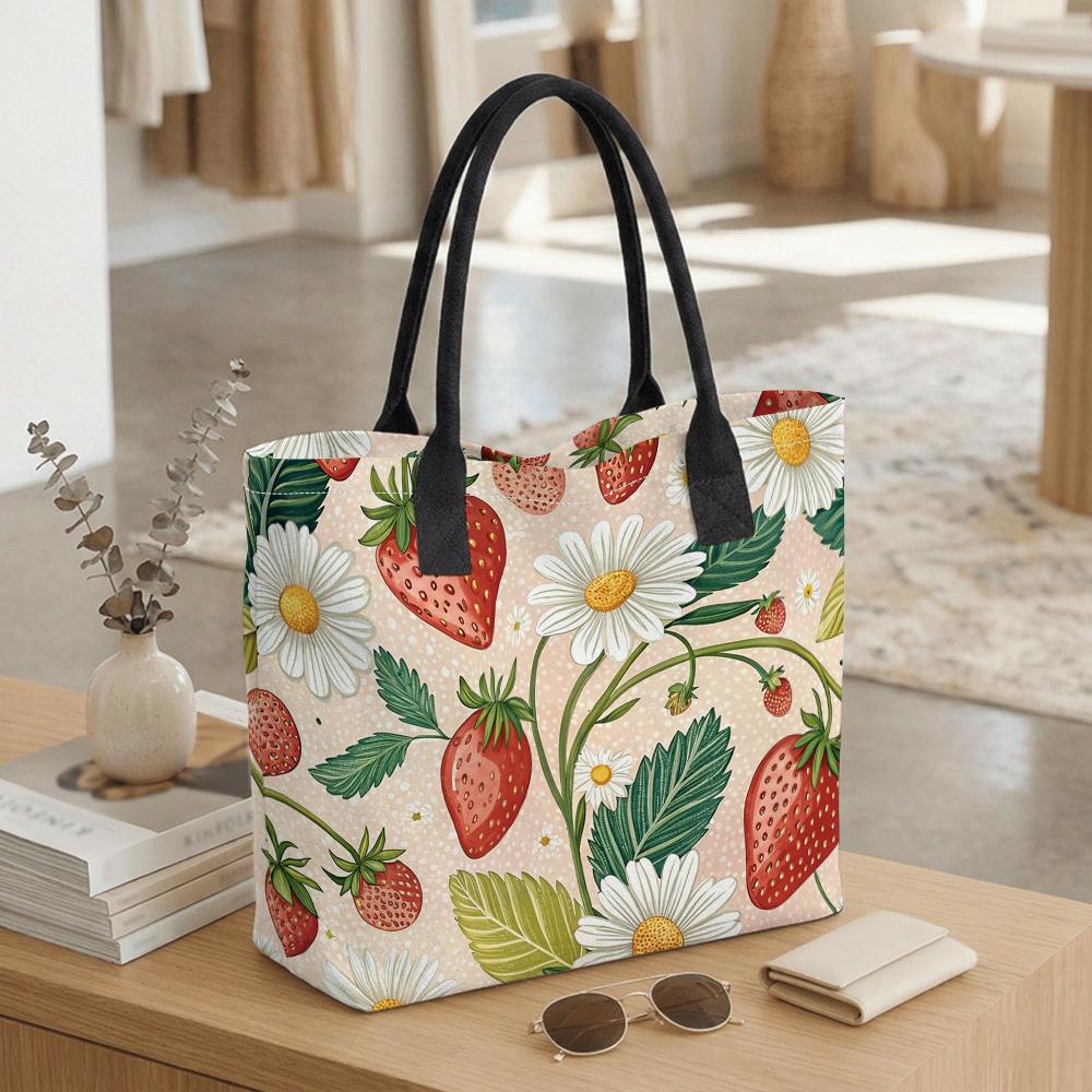 Cute Strawberry Daisy Print Canvas Tote Bag for Daily Shopping Casual Handbag for Women