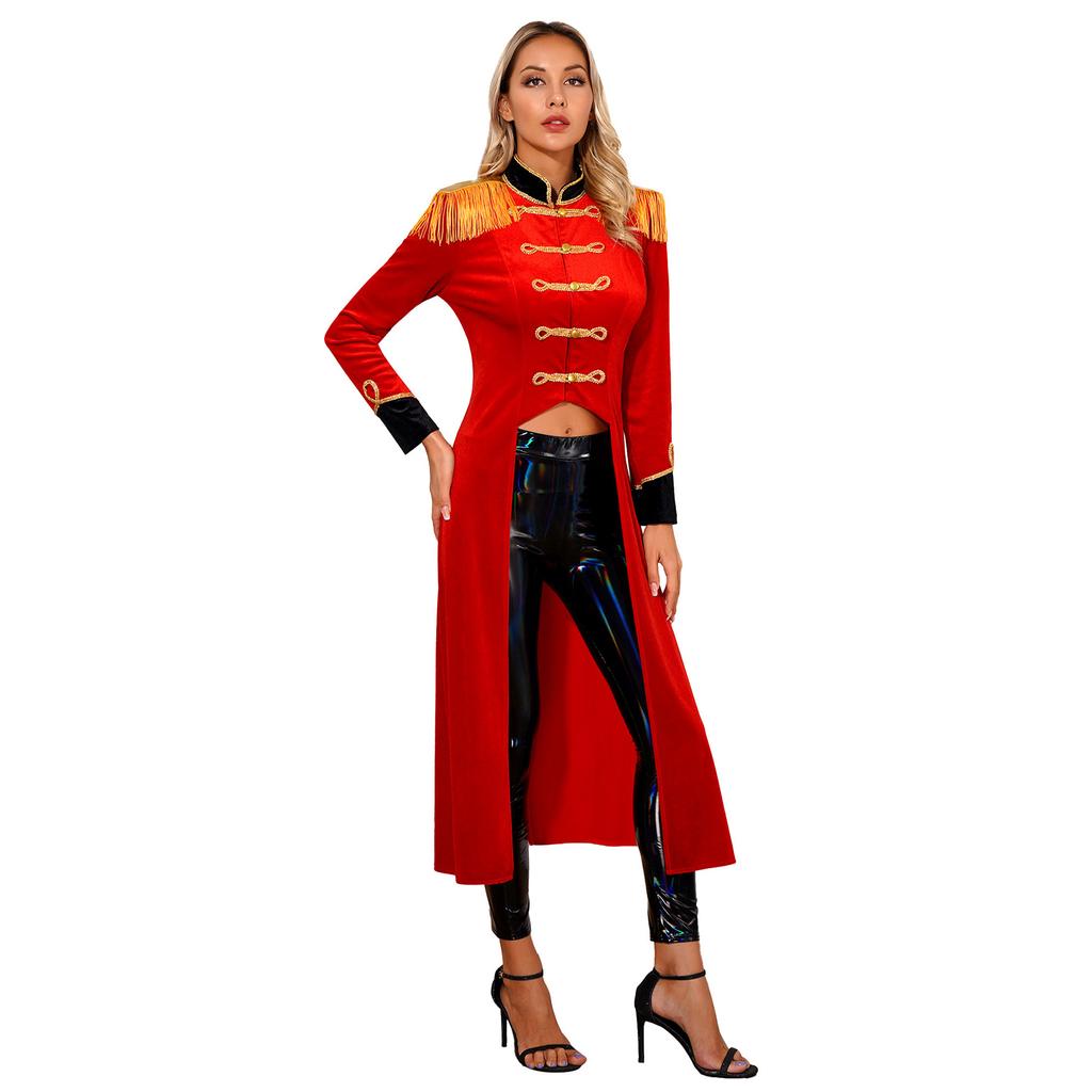Womens Halloween Circus Costume Velvet Tailcoat Fringe Shoulder Boards Renaissance Gothic Jacket Cosplay Outfit