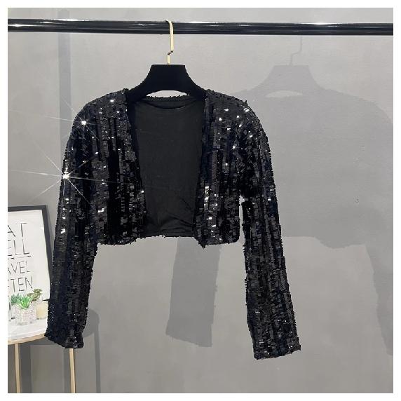 Small suit women's 2024 new heavy industry sequined temperament cardigan casual short sparkling typhoon jacket top