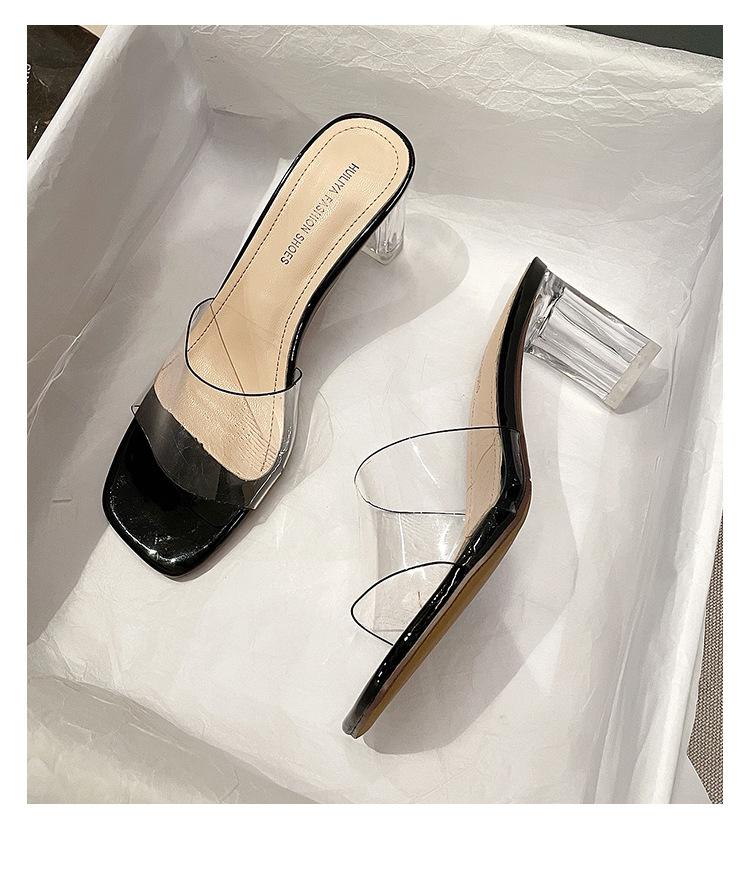 One-word Slippers Women's Summer Outer Wear 2025 Square Head Crystal Thick Heel Transparent Sexy High Heels 832-1 Crystal High Heel