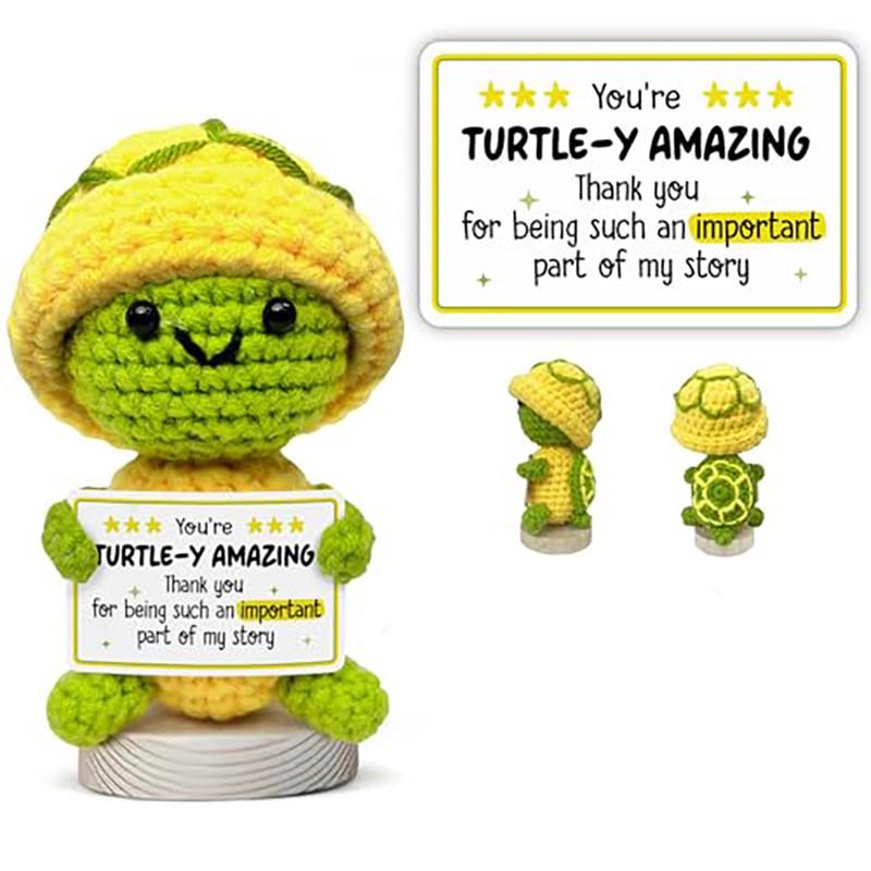 

Turtle Positive Crochet Animals Doll With Card Desktop Ornament Emotional Support Handmade Knitted Cheer Up Toy without base