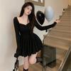 Ballet-style Gray Ruffled Long-sleeve Dress for Women, Autumn/summer New Hot Girl Plus-size Pure and Elegant Pleated A-line Short Skirt