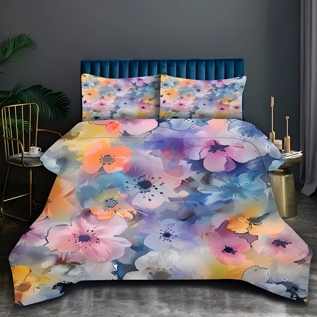 Colorful Watercolor Floral 3D Printed Bedding Cover Vibrant Flower Lightweig Duvet Cover For Teens Adults Quilt Cover Pillowcase