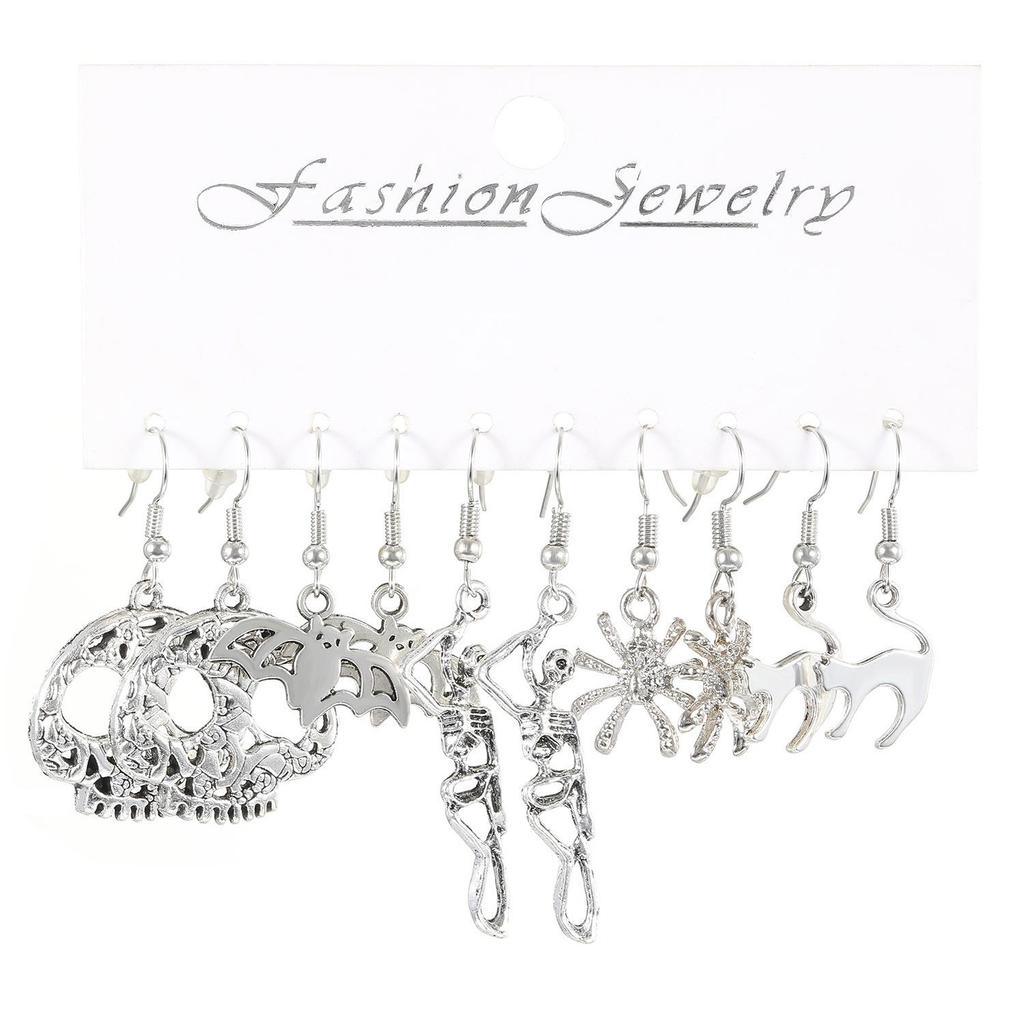5-Piece Halloween Silver Spider, Skull, Pumpkin Earrings