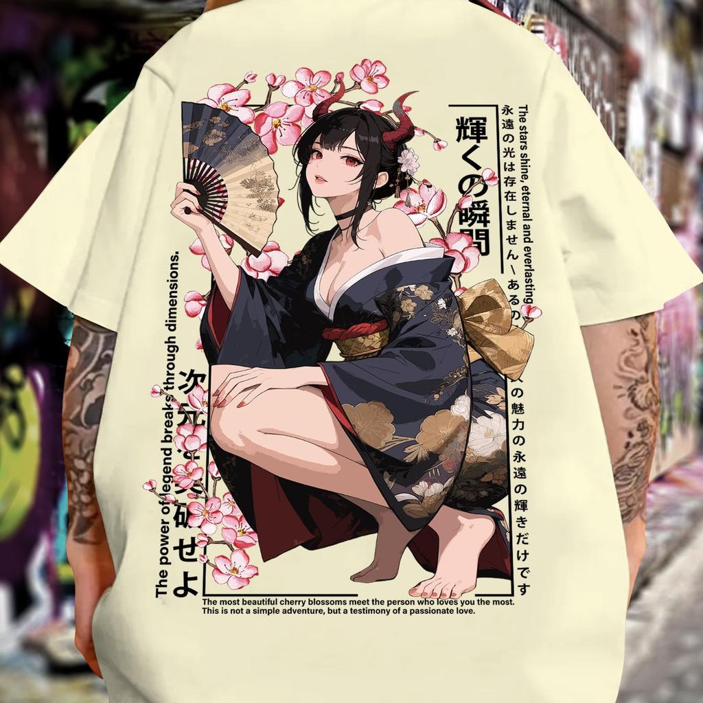 Summer Pure Cotton Men Casual Sports Y2k Japanese Manga Characters Cherry Blossom Pattern Printed Trendy T-shirt