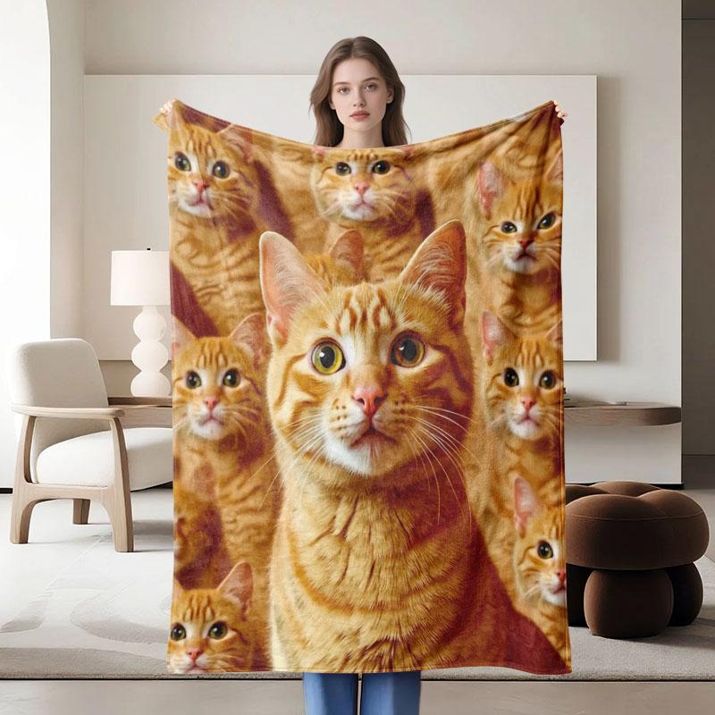 1 piece orange cat-themed flannel blanket, soft, suitable for sofa, bed, office, all-season use.