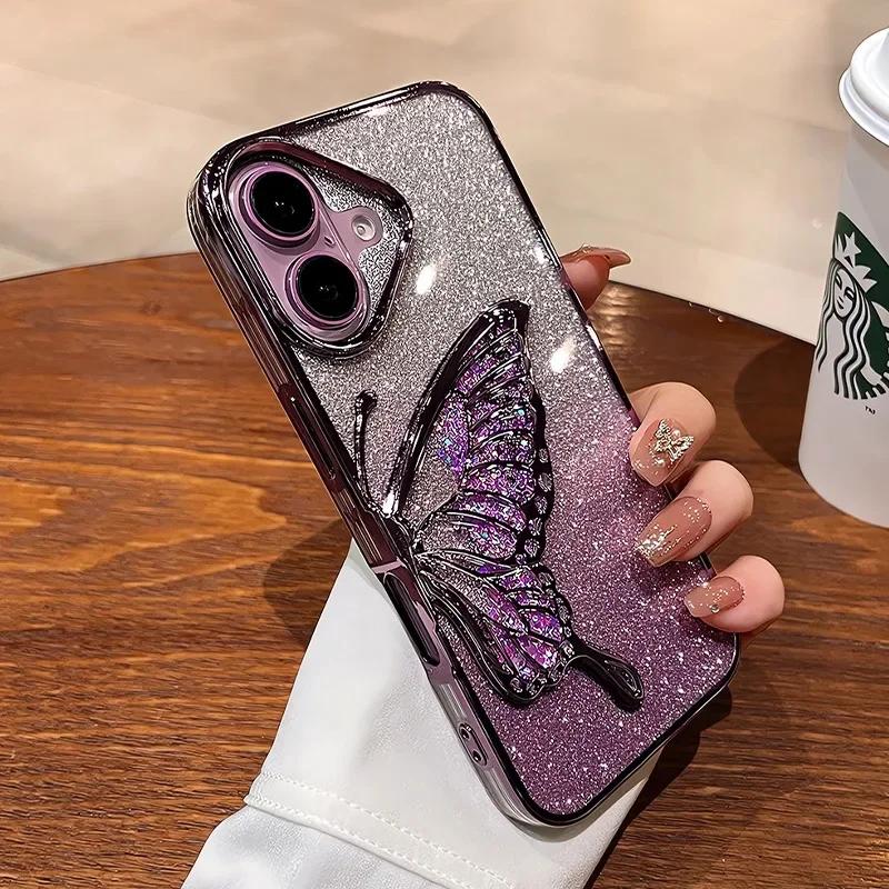 Cartoon Butterfly Glitter Quicksand Case for iPhone 16 15 14 13 Pro Max Plus 11 12 Plating Gradient Bling Camera Film Soft Cover