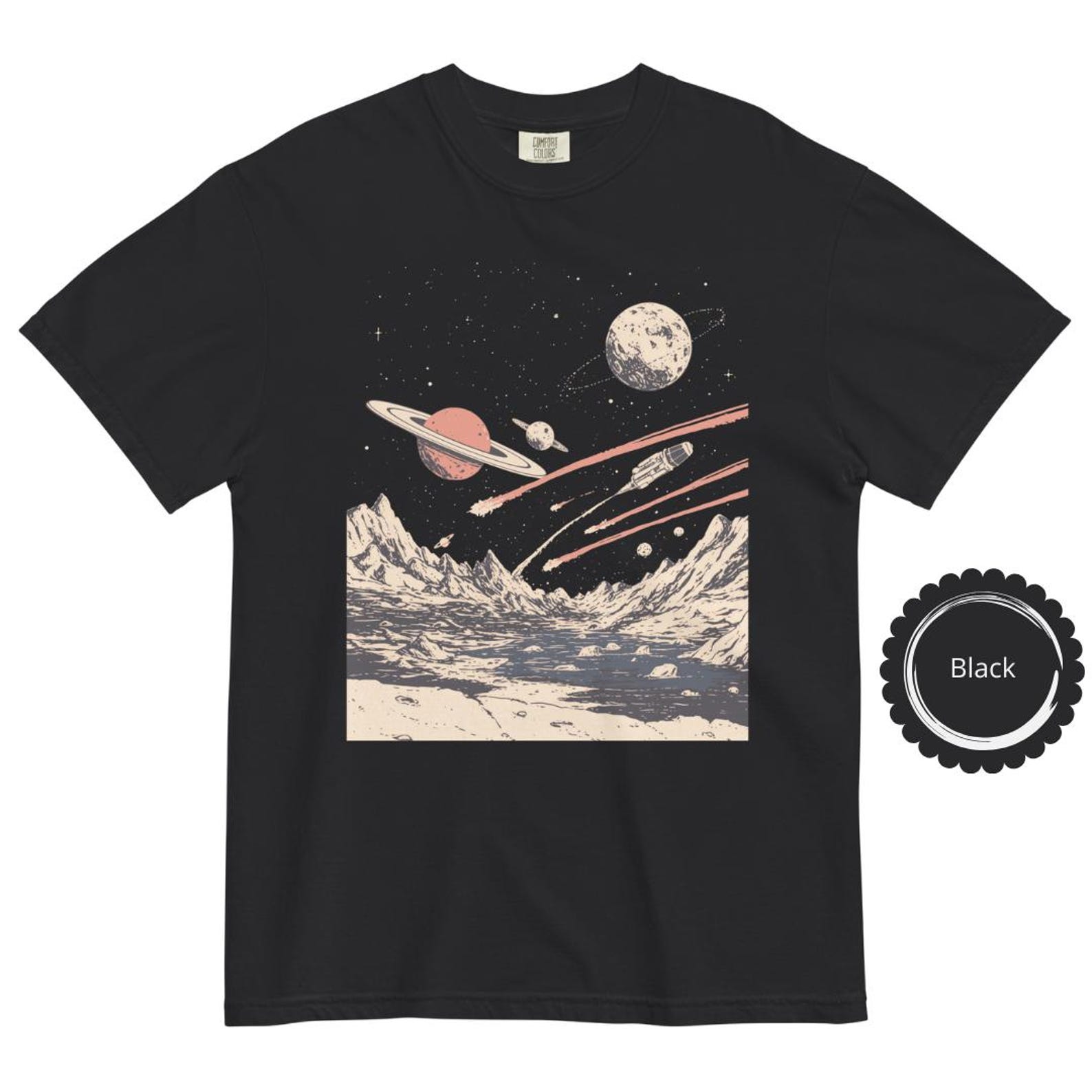 Retro Sci-Fi T-Shirt: Vintage Spaceship, Alien Planet, 70s Comic Art XL