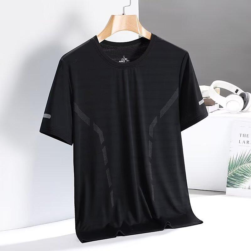Ice silk short-sleeved t-shirt men's summer thin quick-drying mesh sports fitness half-sleeved top casual elastic T summer wear