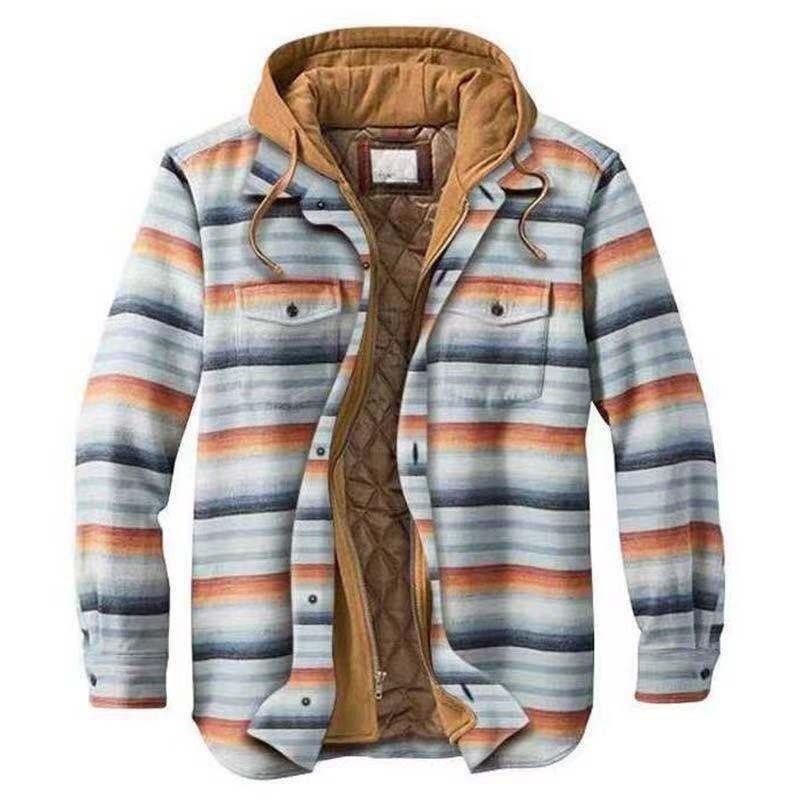 Men's Clothing European and American Autumn and Winter Thickened Cotton-padded Plaid Long-sleeved Loose Hooded Jacket