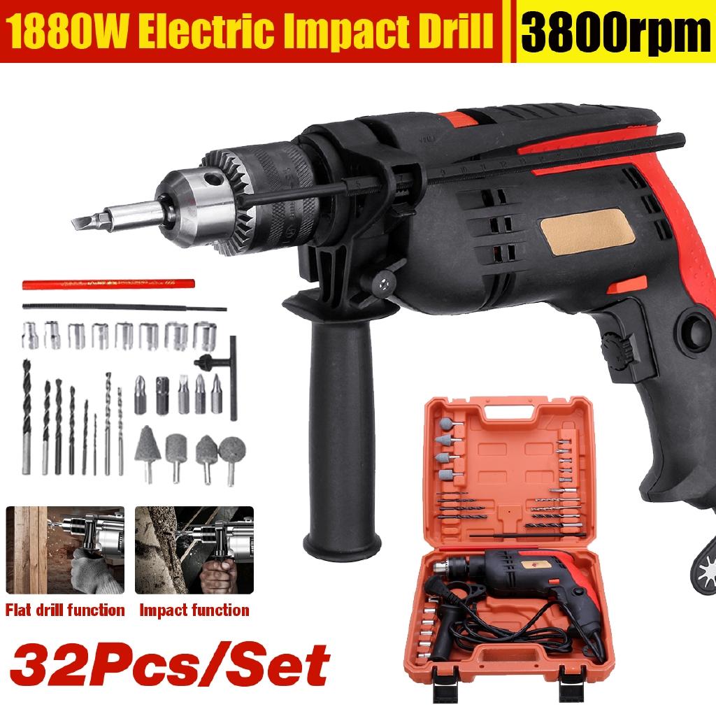 1880W 0-3800r/min Electric Brushless Motor Impact Drill 3MM Electric Impact Drill Torque Driver Tool 32Pcs