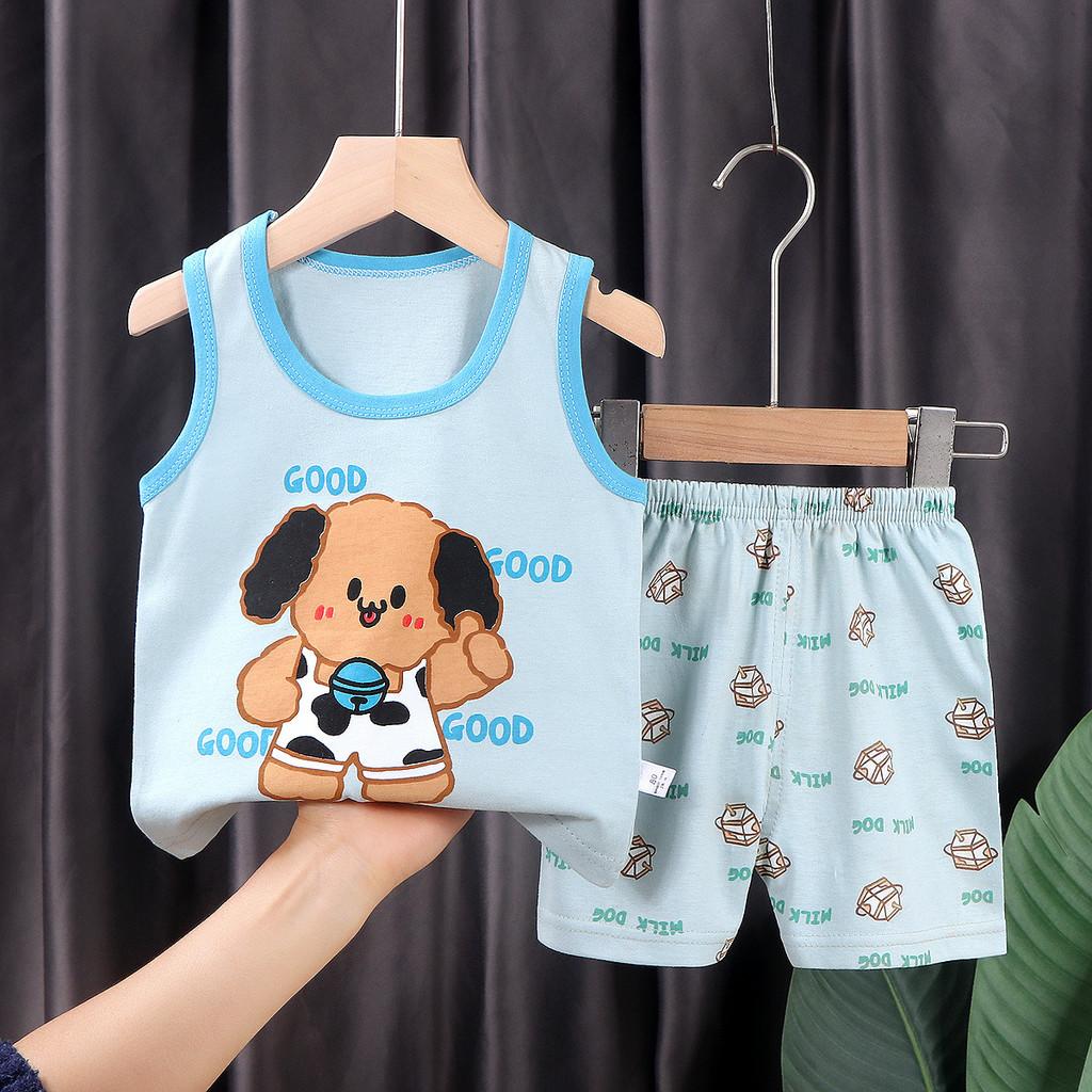 Cotton Kids Summer Sleeveless Shorts Set With Animal Cartoon Prints For Boys And Girls