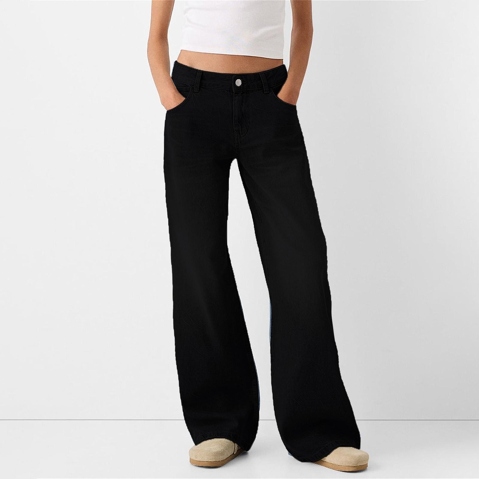

Ladies Fashion Retro Personality Wash Old High-Waisted Retro Loose Straight Leg Jeans L чёрный