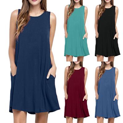 (Qunide) Modisches, einfarbiges Sommerkleid mit Rundhalsausschnitt und großem Saum für Damen