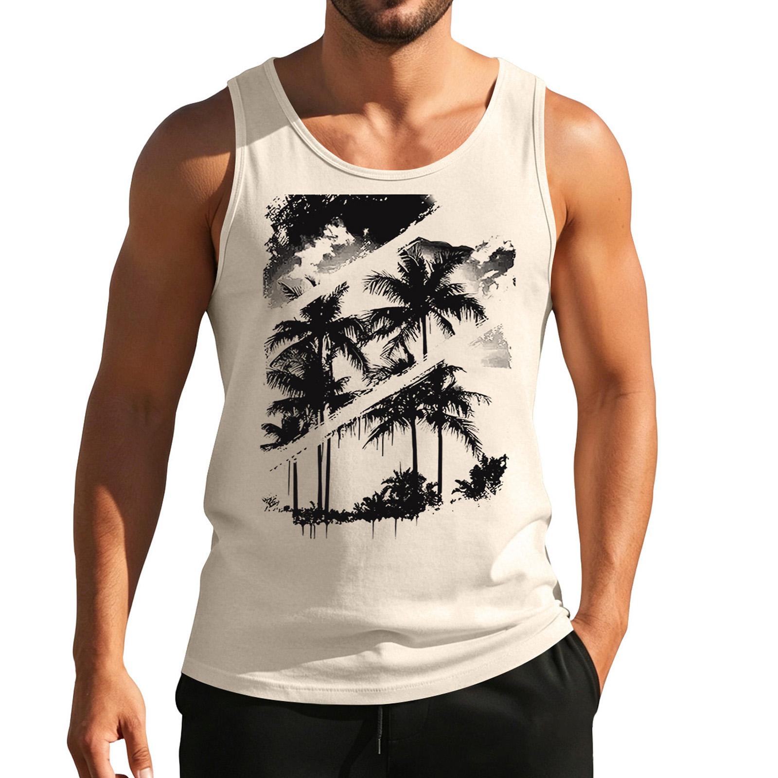 

Men Tank Top Sleeveless Shirt Casual Fit with Tree Print Lightweight Soft Fabric for Daily Wear Beach Activities L бежевый