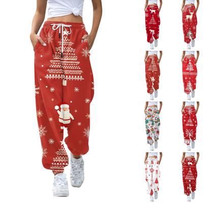 Women's Casual Fashion Christmas Printed Casual Pants Sweatpants Long Pants Drawstring Elastic Waist Cuff Pants