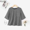 ZANZEA Women Casual Round Neck Plaid Print Loose Half Sleeve Blouse