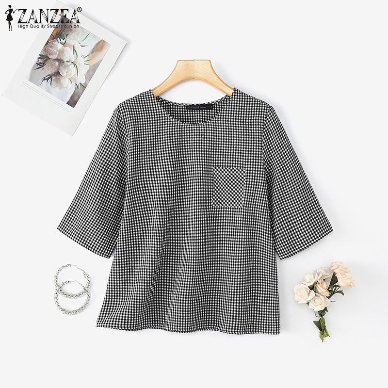 ZANZEA Women Casual Round Neck Plaid Print Loose Half Sleeve Blouse