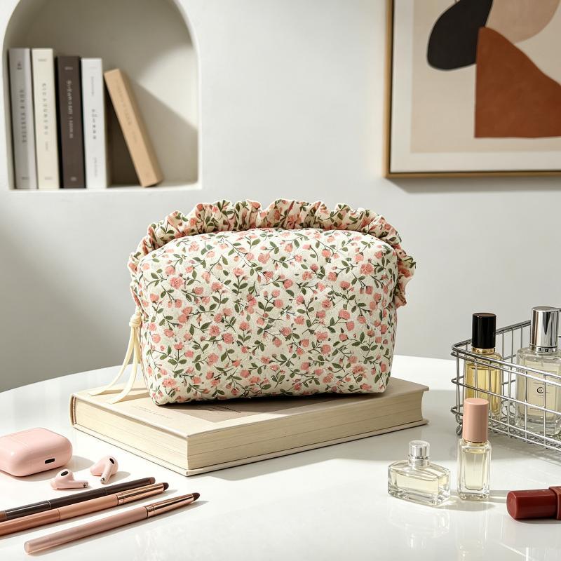 1Pcs Cute Quilted Makeup Bag Floral Bow Large Capacity Cosmetic Bag Makeup Pouch Women Girls