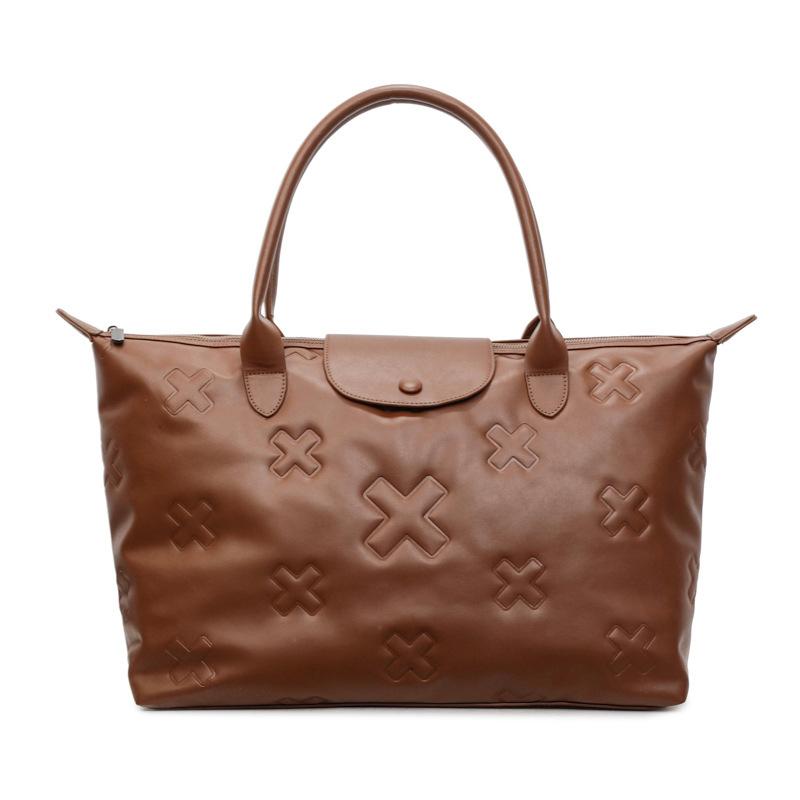 

Embossed Cross Pattern Faux Leather Tote Bag with Top Handle Classic Design Women s Handbag Fashionable Everyday Use коричневый