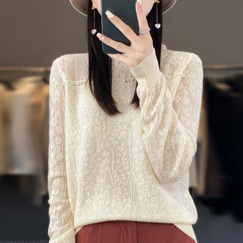 Lace Sweater Women's Long-sleeved Cut-out Knitted Sweater with Korean-style Fashionable Beaded Pullover