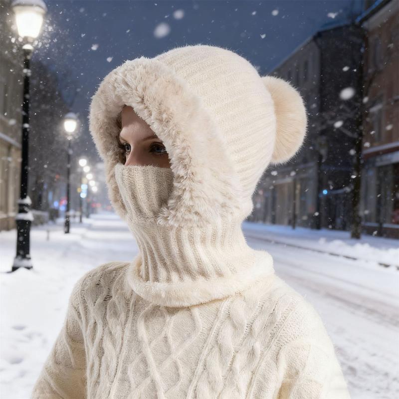Women Hooded Cap Winter Knitted Balaclava Hat Ear Protection Fluffy Hat Lady Mask Neck Integrated Warmth Cover Hat