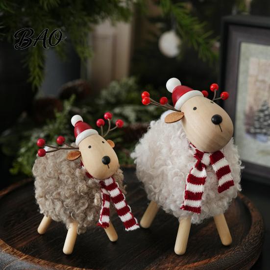 Cute Animal Table Decorations Wooden Christmas Sheep Figurine with Scarf Santa Hat, Plush Fleece Versatile Wood Art Pieces Lamb Tabletop Ornament,