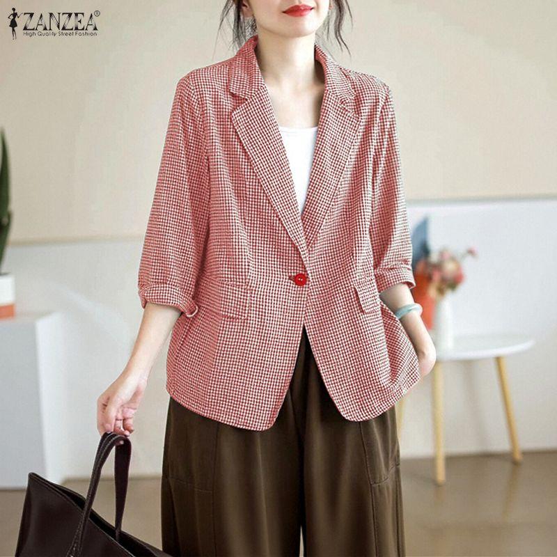 ZANZEA Women Casual Turn Down Collar Long Sleeve Plaid Print Thin Cardigan Blazer