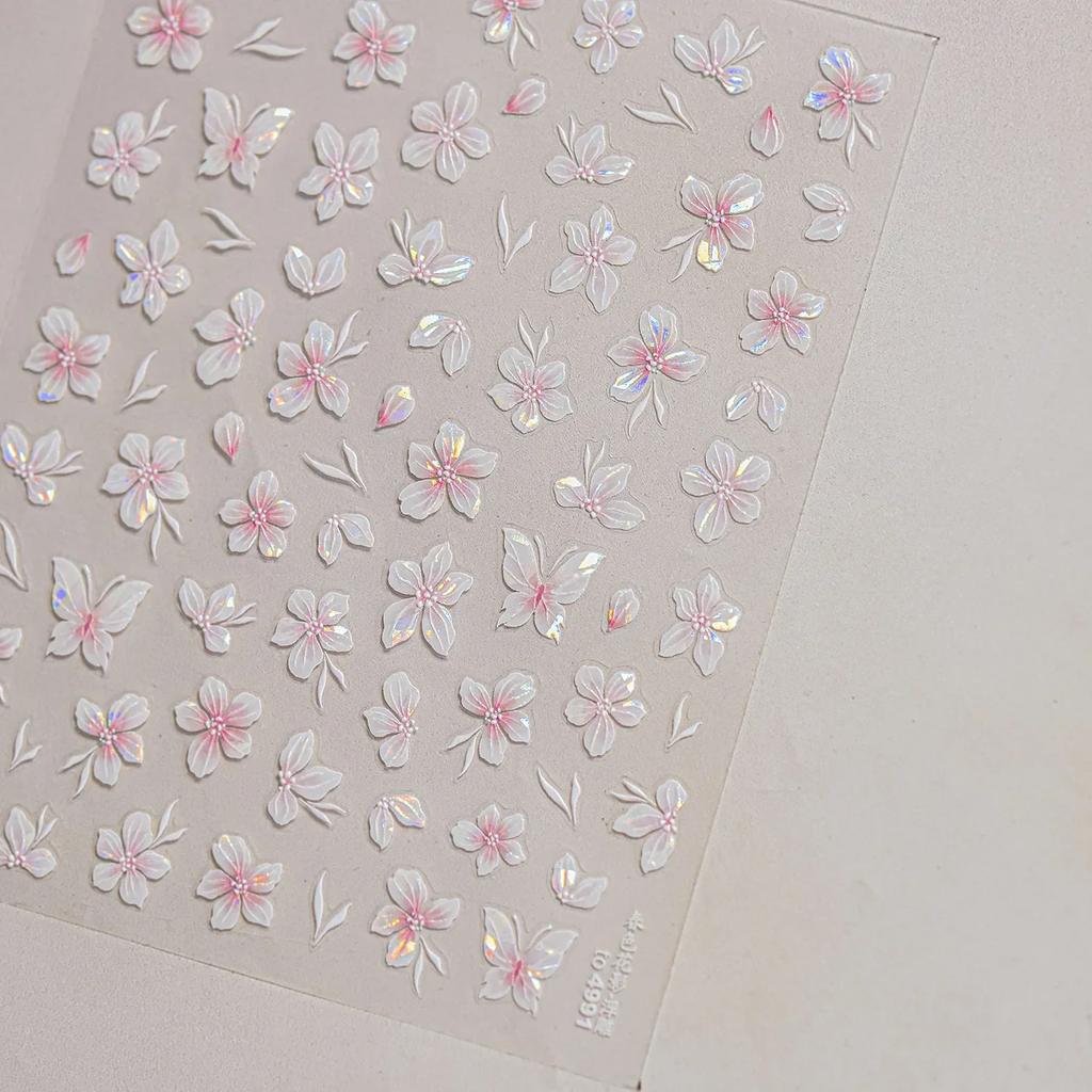White Flower Petal Cherry Blossom Peach Blossom Falling Petal Floral Gradient 5D Self Adhesive Nail Art Sticker Manicure Decals