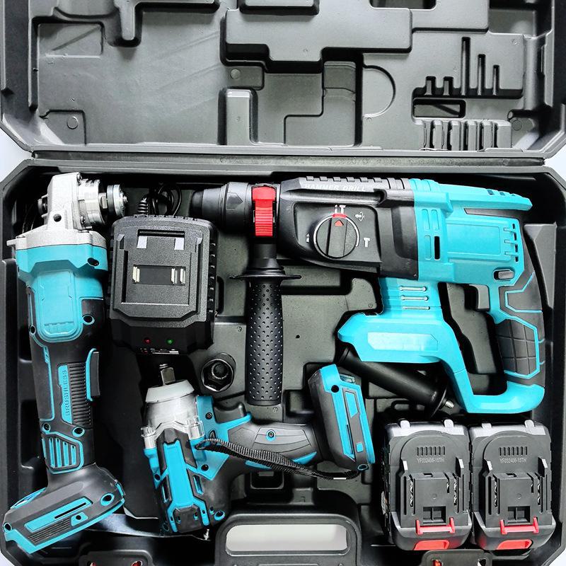 Makita 4-Piece Li-Ion Tool Set: Electric Hammer, Angle Grinder, Cutting Machine, Drill, Wrench.