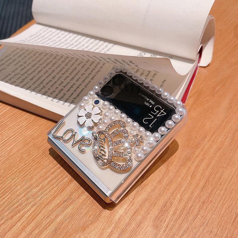 For Samsung Zflip4 Transparent Mobile Phone Case Three-dimensional Rhinestone Flower Light Luxury Crown Ins Style Zflip3 Niche